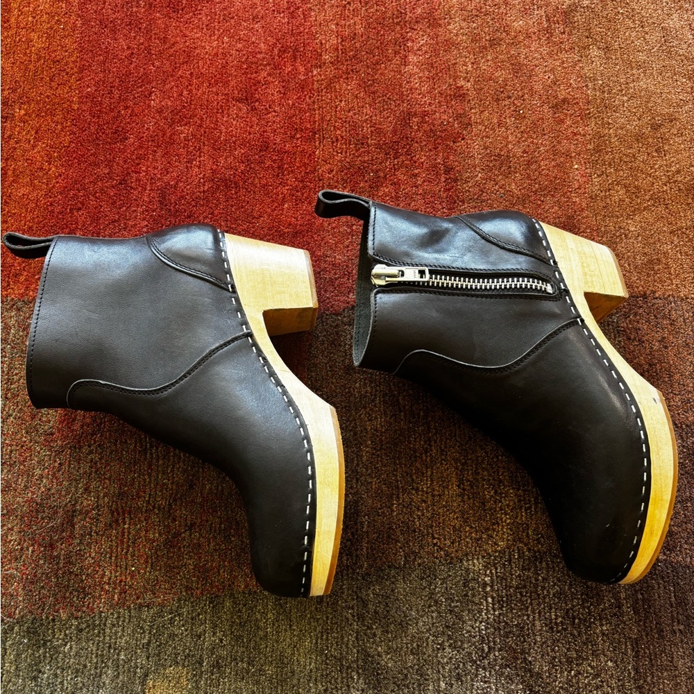 Swedish Hasbeens Black Ankle Boots with Tan Soles